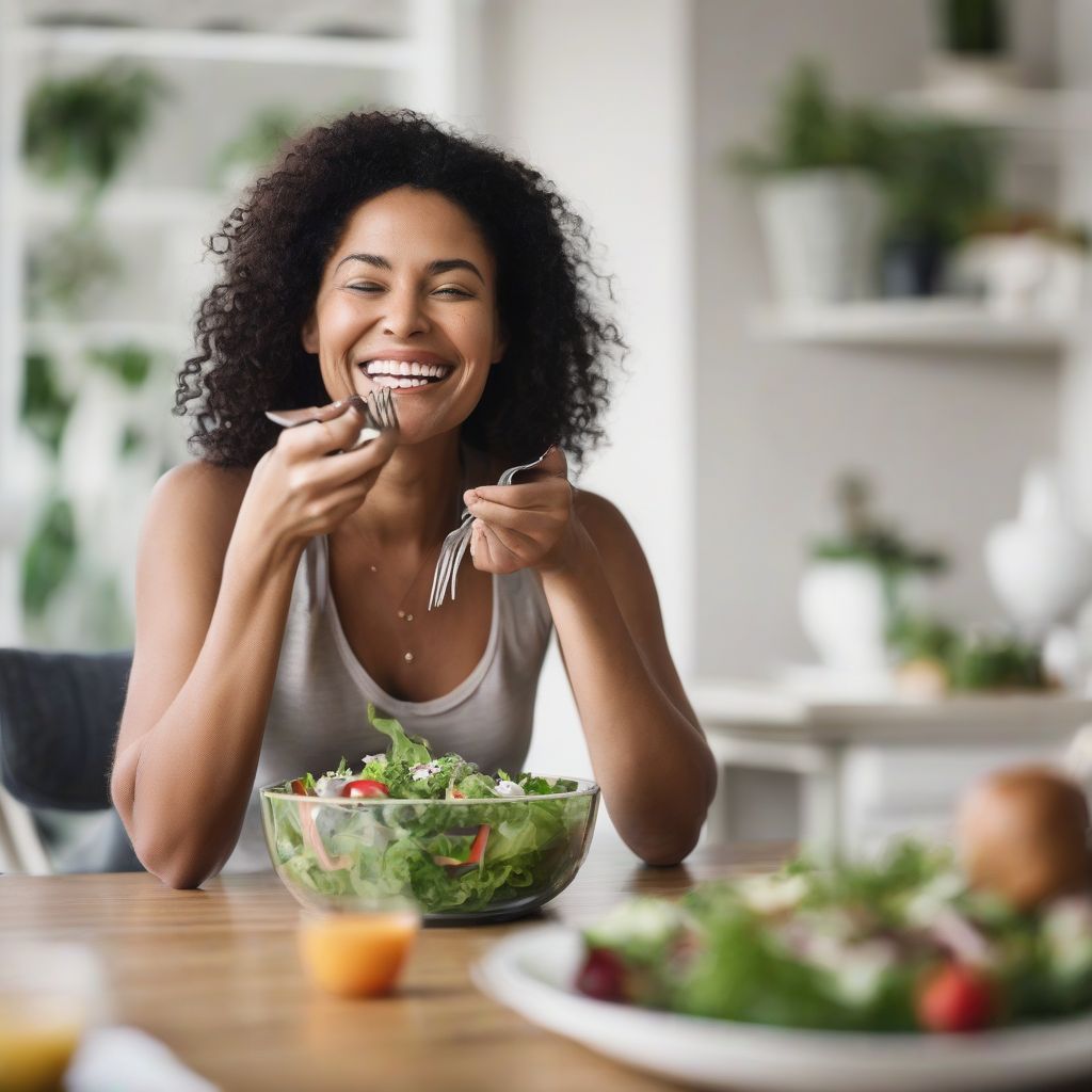 Woman eating salad mindfully